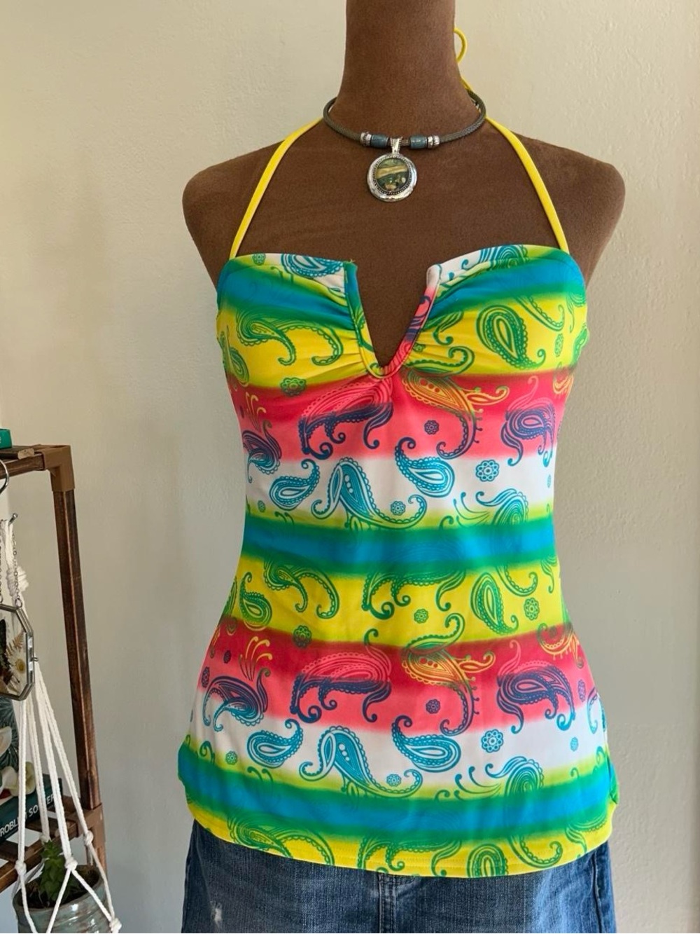 Rainbow Multicolor Paisley Print Halter Neck Tankini Swim Suit Top by Beach Stop